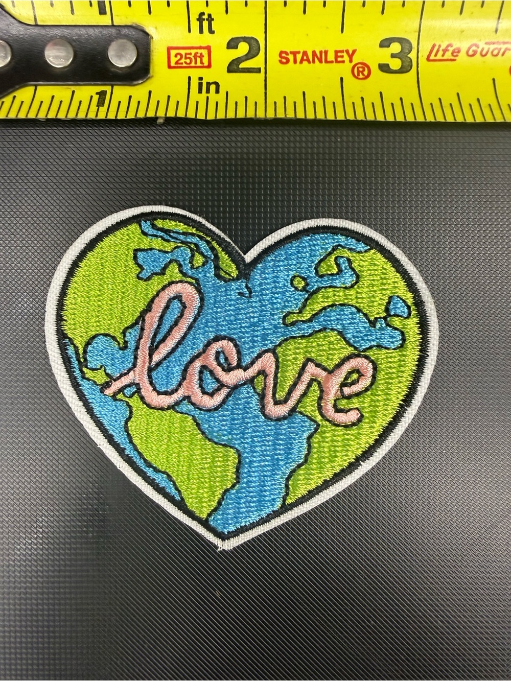 Heart Earth 'love' Embroidered Patch - Blue & Green with Pink Script